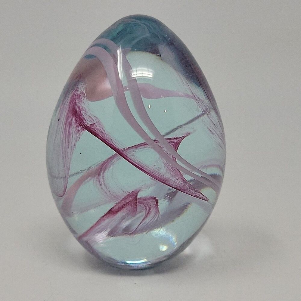 OBG Pink Egg Swirl Paperweight Signed 1993 Vintage 3.25" Ornamental Blown Glass